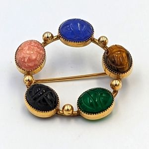 Egyptian Revival Danecraft Scarab Semiprecious Stones 12K gold filled Brooch
